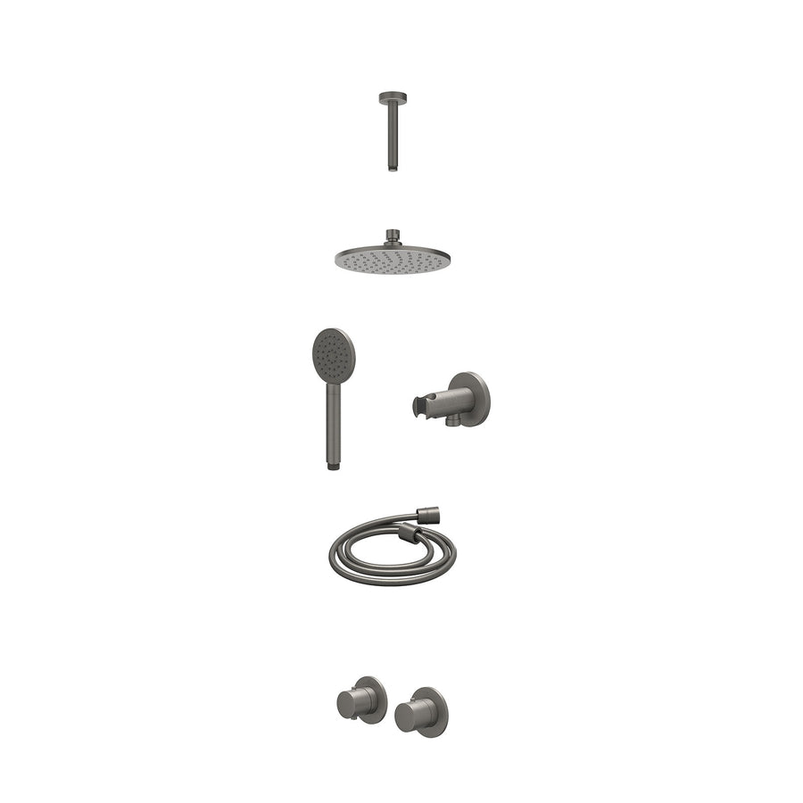 IVY Excl. inbouwbox regendoucheset inbouwthermostaatkraan met 2-weg stop-omstel symmetry, 15cm plafondbuis, R20cmME, houder met uitlaat, doucheslang 150cm en satin spray handdouche