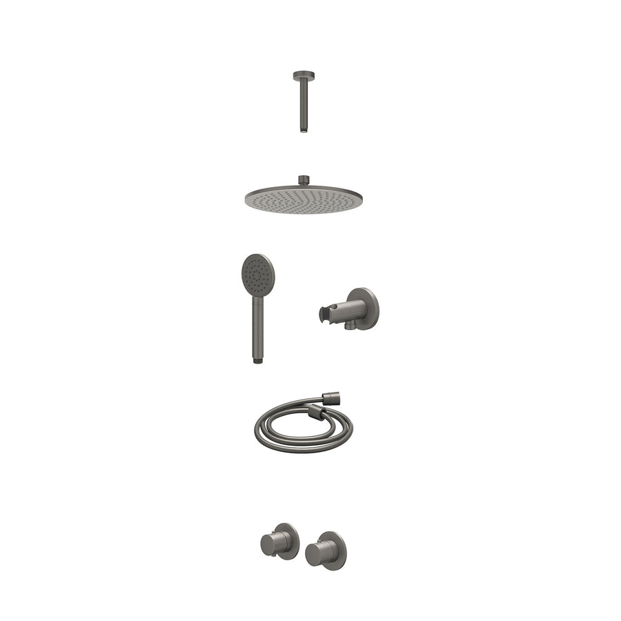 IVY Excl. inbouwbox regendoucheset inbouwthermostaatkraan met 2-weg stop-omstel symmetry, 15cm plafondbuis, R25cmME, houder met uitlaat, doucheslang 150cm en satin spray handdouche