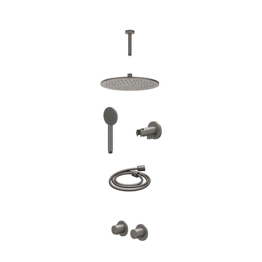 IVY Excl. inbouwbox regendoucheset inbouwthermostaatkraan met 2-weg stop-omstel symmetry, 15cm plafondbuis, R30cmME, houder met uitlaat, doucheslang 150cm en satin spray handdouche