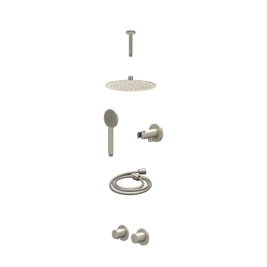 IVY Excl. inbouwbox regendoucheset inbouwthermostaatkraan met 2-weg stop-omstel symmetry, 15cm plafondbuis, R25cmSL, houder met uitlaat, doucheslang 150cm en satin spray handdouche