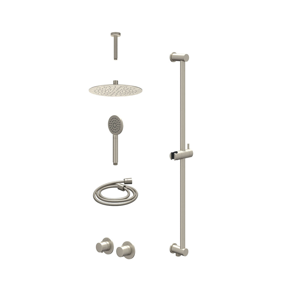 IVY Excl. inbouwbox regendoucheset inbouwthermostaatkraan met 2-weg stop-omstel symmetry, 15cm plafondbuis, R25cmSL, glijstang met uitlaat, doucheslang 150cm en satin spray handdou