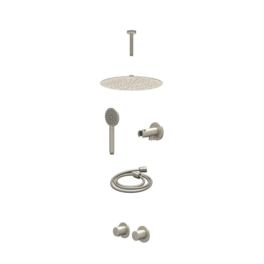 IVY Excl. inbouwbox regendoucheset inbouwthermostaatkraan met 2-weg stop-omstel symmetry, 15cm plafondbuis, R30cmSL, houder met uitlaat, doucheslang 150cm en satin spray handdouche