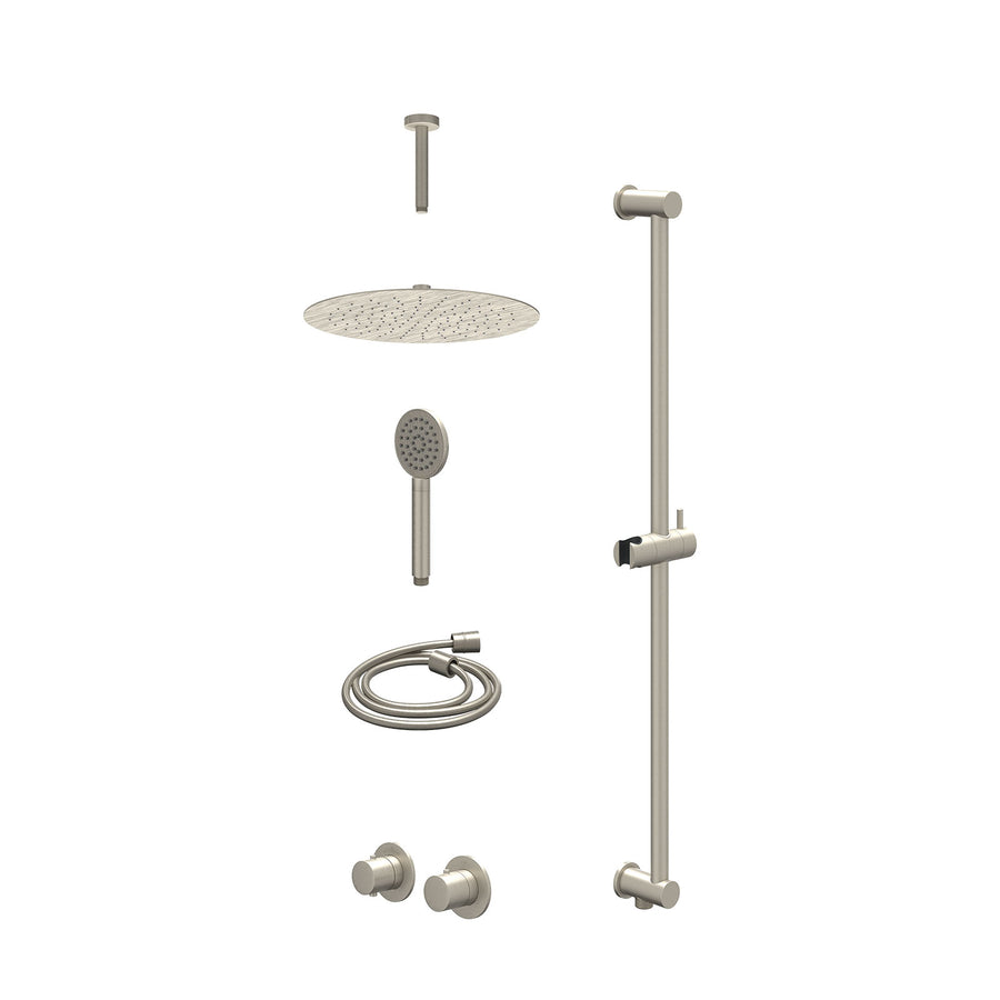 IVY Excl. inbouwbox regendoucheset inbouwthermostaatkraan met 2-weg stop-omstel symmetry, 15cm plafondbuis, R30cmSL, glijstang met uitlaat, doucheslang 150cm en satin spray handdou