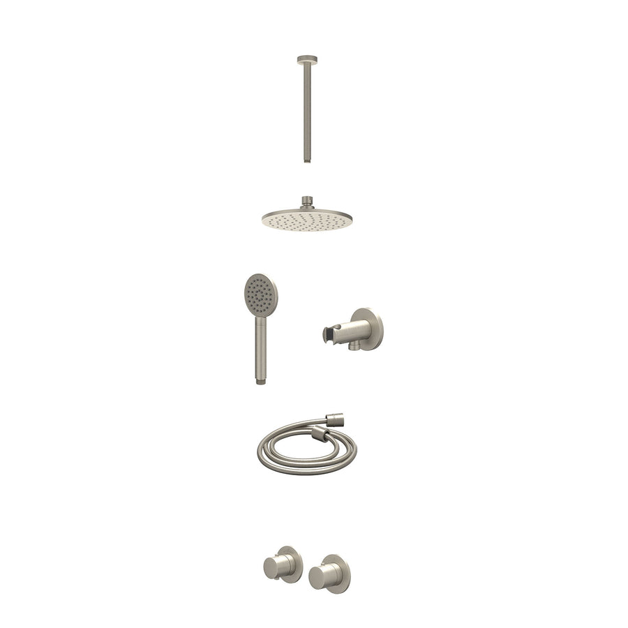 IVY Excl. inbouwbox regendoucheset inbouwthermostaatkraan met 2-weg stop-omstel symmetry, 30cm plafondbuis, R20cmME, houder met uitlaat, doucheslang 150cm en satin spray handdouche