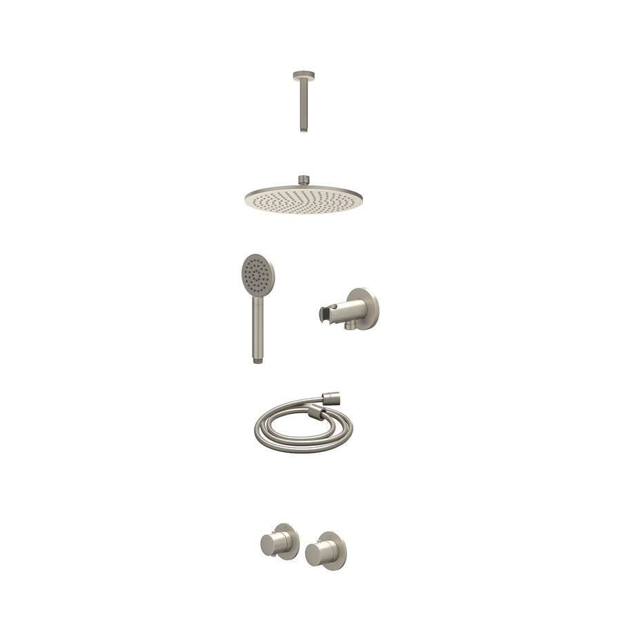 IVY Excl. inbouwbox regendoucheset inbouwthermostaatkraan met 2-weg stop-omstel symmetry, 15cm plafondbuis, R25cmME, houder met uitlaat, doucheslang 150cm en satin spray handdouche