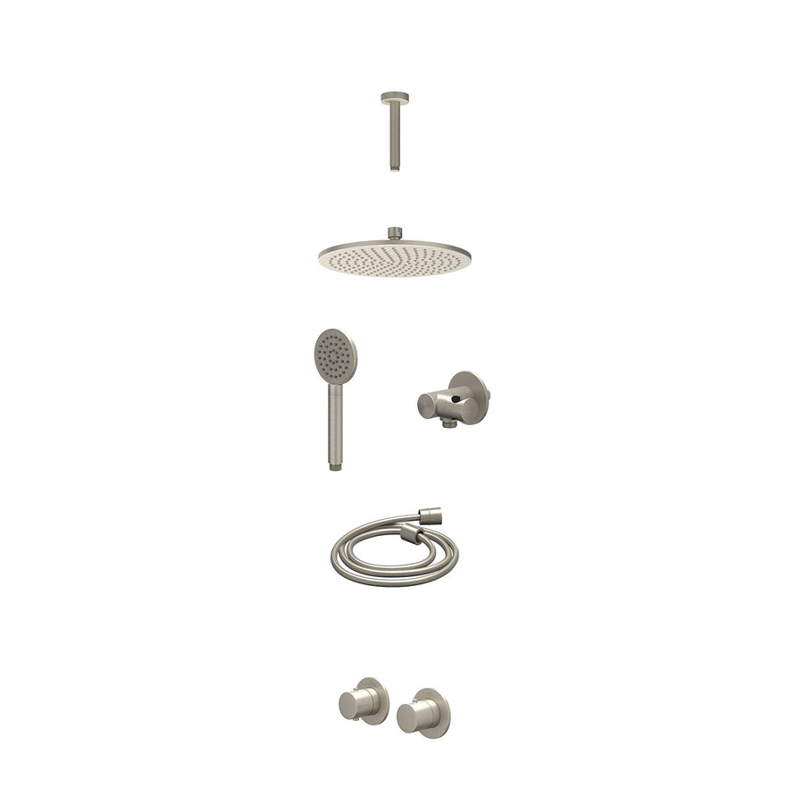 IVY Excl. inbouwbox regendoucheset inbouwthermostaatkraan met 2-weg stop-omstel symmetry, 15cm plafondbuis, R25cmME, verstelbare steun met geïnt. uitlaat, doucheslang 150cm en sati