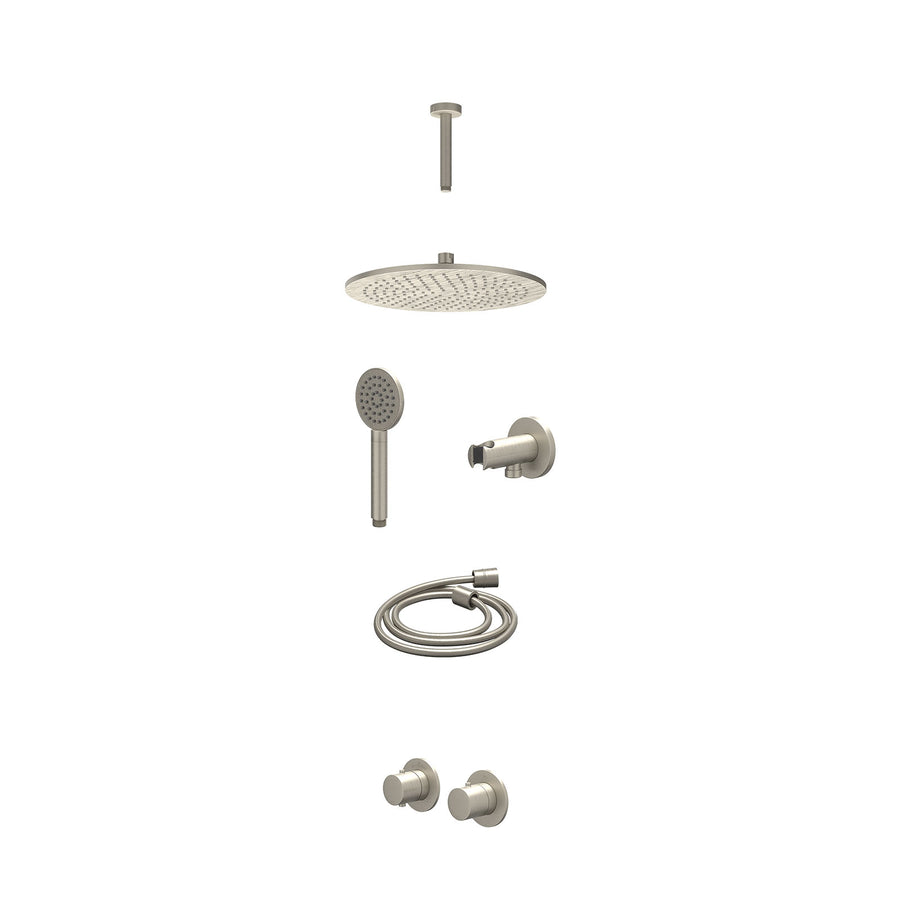 IVY Excl. inbouwbox regendoucheset inbouwthermostaatkraan met 2-weg stop-omstel symmetry, 15cm plafondbuis, R30cmME, houder met uitlaat, doucheslang 150cm en satin spray handdouche
