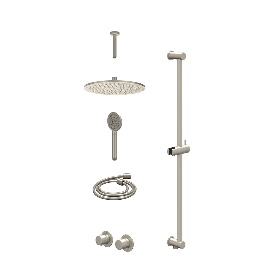 IVY Excl. inbouwbox regendoucheset inbouwthermostaatkraan met 2-weg stop-omstel symmetry, 15cm plafondbuis, R30cmME, glijstang met uitlaat, doucheslang 150cm en satin spray handdou