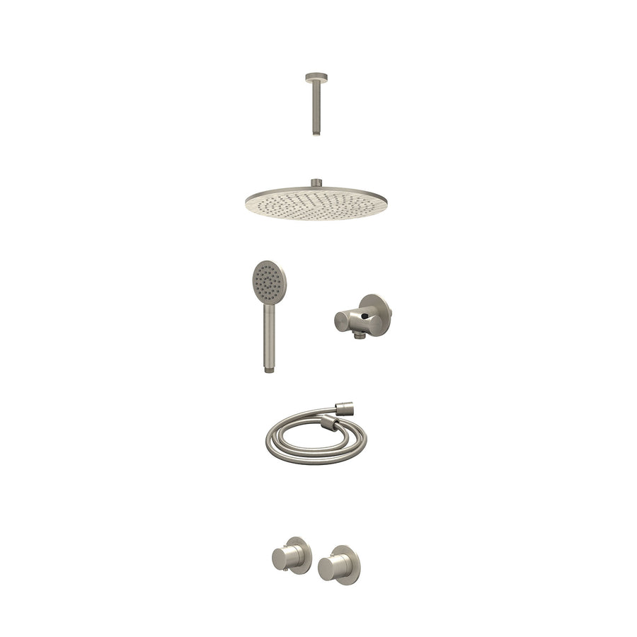 IVY Excl. inbouwbox regendoucheset inbouwthermostaatkraan met 2-weg stop-omstel symmetry, 15cm plafondbuis, R30cmME, verstelbare steun met geïnt. uitlaat, doucheslang 150cm en sati