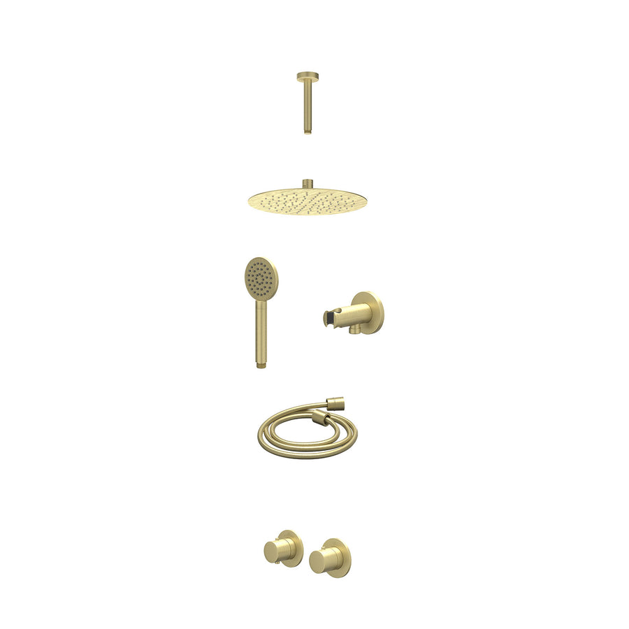 IVY Excl. inbouwbox regendoucheset inbouwthermostaatkraan met 2-weg stop-omstel symmetry, 15cm plafondbuis, R25cmSL, houder met uitlaat, doucheslang 150cm en satin spray handdouche