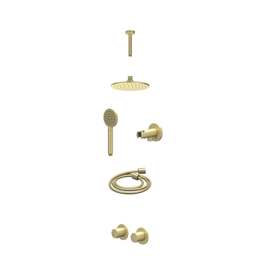 IVY Excl. inbouwbox regendoucheset inbouwthermostaatkraan met 2-weg stop-omstel symmetry, 15cm plafondbuis, R20cmME, houder met uitlaat, doucheslang 150cm en satin spray handdouche