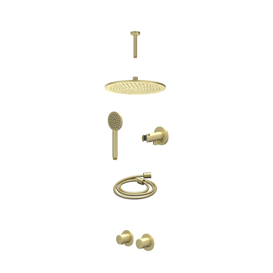 IVY Excl. inbouwbox regendoucheset inbouwthermostaatkraan met 2-weg stop-omstel symmetry, 15cm plafondbuis, R30cmME, houder met uitlaat, doucheslang 150cm en satin spray handdouche