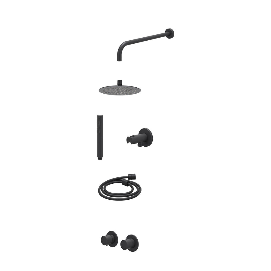 IVY Excl. inbouwbox regendoucheset inbouwthermostaatkraan met 2-weg stop-omstel symmetry, 40cm wandarm, R20cmSL, houder met uitlaat, doucheslang 150cm en staafmodel – Mat zwart PED