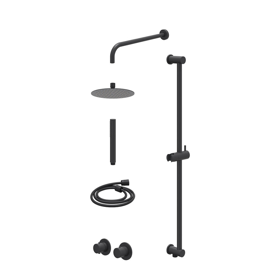 IVY Excl. inbouwbox regendoucheset inbouwthermostaatkraan met 2-weg stop-omstel symmetry, 40cm wandarm, R20cmSL, glijstang met uitlaat, doucheslang 150cm en staafmodel – Mat zwart 