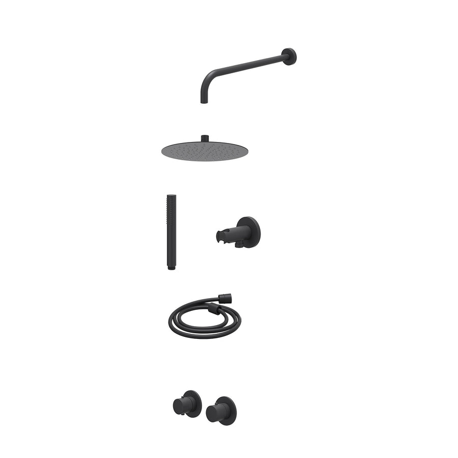 IVY Excl. inbouwbox regendoucheset inbouwthermostaatkraan met 2-weg stop-omstel symmetry, 40cm wandarm, R25cmSL, houder met uitlaat, doucheslang 150cm en staafmodel – Mat zwart PED