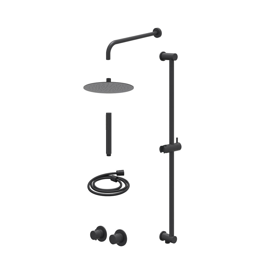 IVY Excl. inbouwbox regendoucheset inbouwthermostaatkraan met 2-weg stop-omstel symmetry, 40cm wandarm, R25cmSL, glijstang met uitlaat, doucheslang 150cm en staafmodel – Mat zwart 