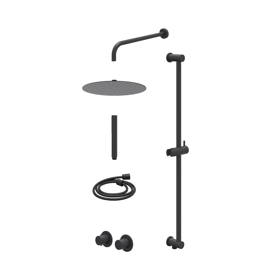IVY Excl. inbouwbox regendoucheset inbouwthermostaatkraan met 2-weg stop-omstel symmetry, 40cm wandarm, R30cmSL, glijstang met uitlaat, doucheslang 150cm en staafmodel – Mat zwart 