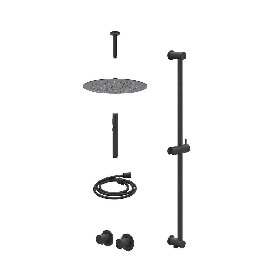 IVY Excl. inbouwbox regendoucheset inbouwthermostaatkraan met 2-weg stop-omstel symmetry, 15cm plafondbuis, R30cmSL, glijstang met uitlaat, doucheslang 150cm en staafmodel – Mat zw