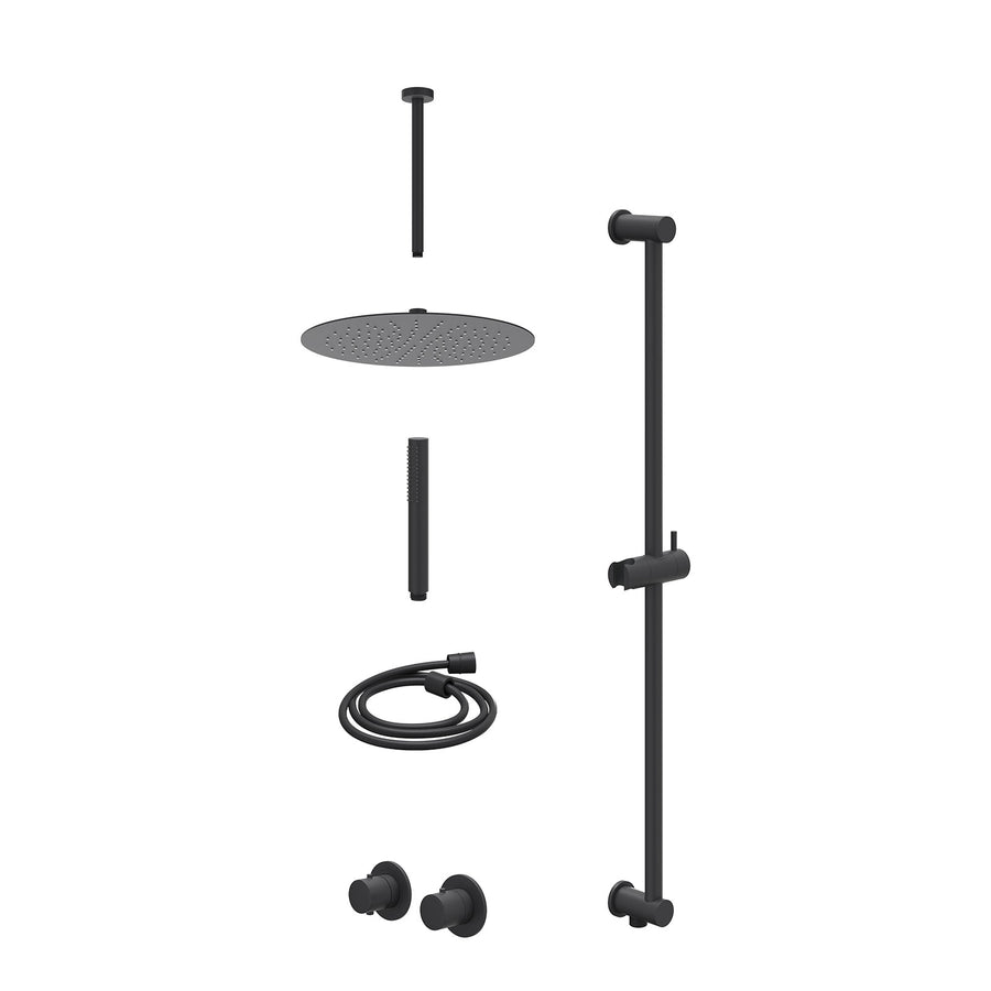 IVY Excl. inbouwbox regendoucheset inbouwthermostaatkraan met 2-weg stop-omstel symmetry, 30cm plafondbuis, R30cmSL, glijstang met uitlaat, doucheslang 150cm en staafmodel – Mat zw