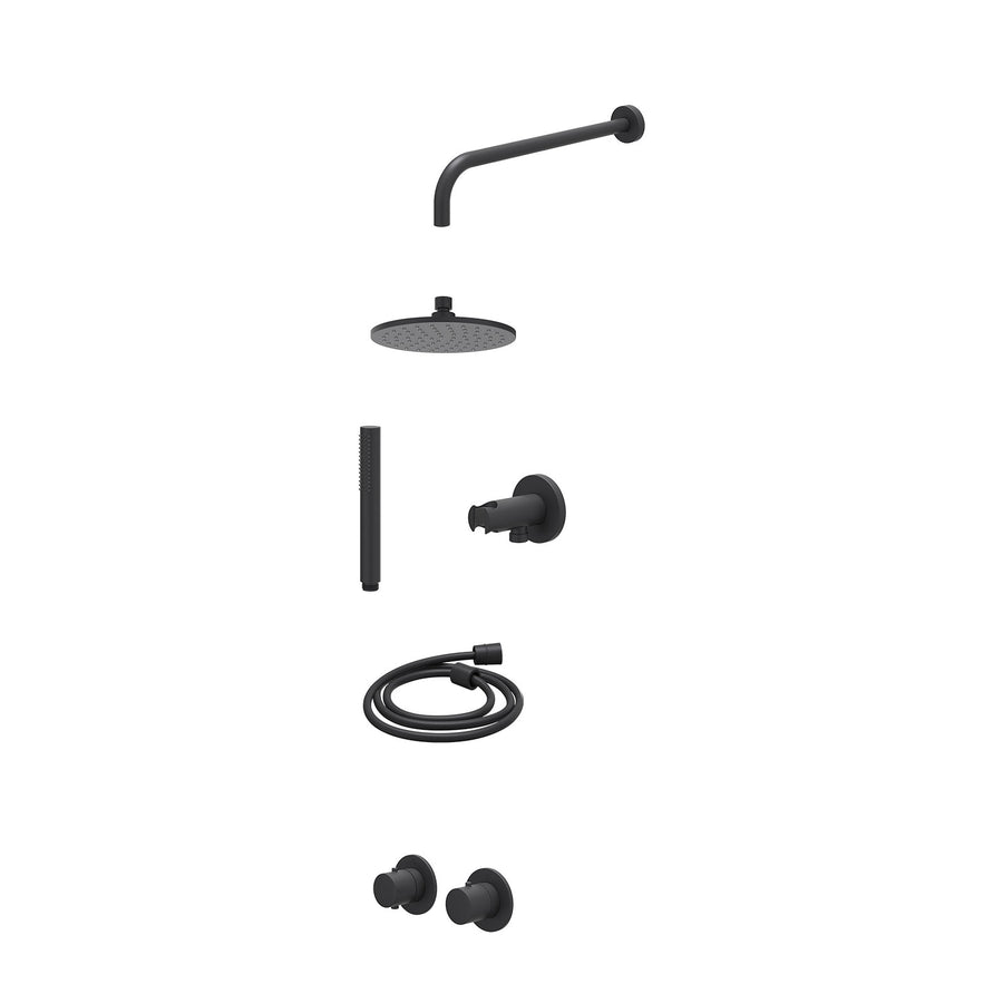 IVY Excl. inbouwbox regendoucheset inbouwthermostaatkraan met 2-weg stop-omstel symmetry, 40cm wandarm, R20cmME, houder met uitlaat, doucheslang 150cm en staafmodel – Mat zwart PED