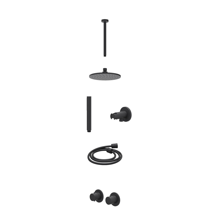 IVY Excl. inbouwbox regendoucheset inbouwthermostaatkraan met 2-weg stop-omstel symmetry, 30cm plafondbuis, R20cmME, houder met uitlaat, doucheslang 150cm en staafmodel – Mat zwart