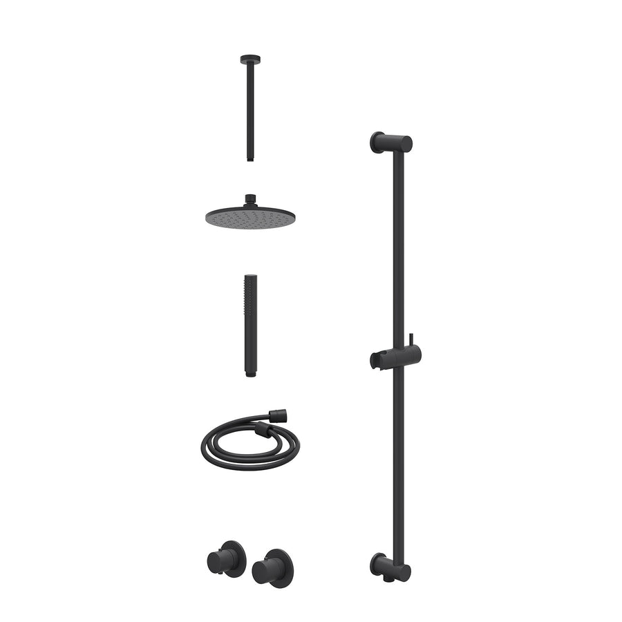 IVY Excl. inbouwbox regendoucheset inbouwthermostaatkraan met 2-weg stop-omstel symmetry, 30cm plafondbuis, R20cmME, glijstang met uitlaat, doucheslang 150cm en staafmodel – Mat zw