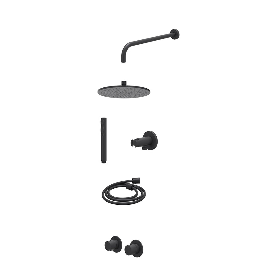 IVY Excl. inbouwbox regendoucheset inbouwthermostaatkraan met 2-weg stop-omstel symmetry, 40cm wandarm, R25cmME, houder met uitlaat, doucheslang 150cm en staafmodel – Mat zwart PED