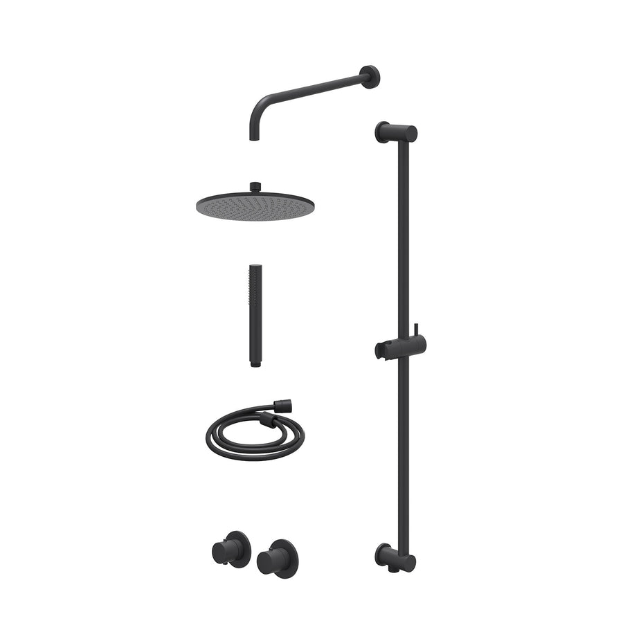 IVY Excl. inbouwbox regendoucheset inbouwthermostaatkraan met 2-weg stop-omstel symmetry, 40cm wandarm, R25cmME, glijstang met uitlaat, doucheslang 150cm en staafmodel – Mat zwart 