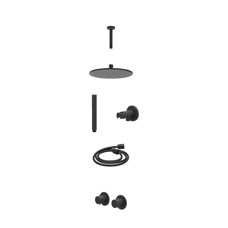 IVY Excl. inbouwbox regendoucheset inbouwthermostaatkraan met 2-weg stop-omstel symmetry, 15cm plafondbuis, R25cmME, houder met uitlaat, doucheslang 150cm en staafmodel – Mat zwart