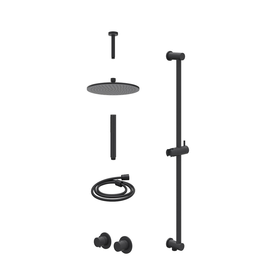 IVY Excl. inbouwbox regendoucheset inbouwthermostaatkraan met 2-weg stop-omstel symmetry, 15cm plafondbuis, R25cmME, glijstang met uitlaat, doucheslang 150cm en staafmodel – Mat zw