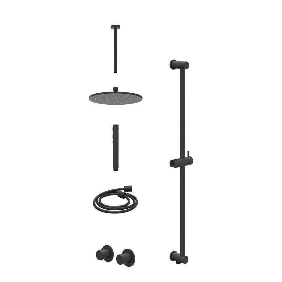 IVY Excl. inbouwbox regendoucheset inbouwthermostaatkraan met 2-weg stop-omstel symmetry, 30cm plafondbuis, R25cmME, glijstang met uitlaat, doucheslang 150cm en staafmodel – Mat zw