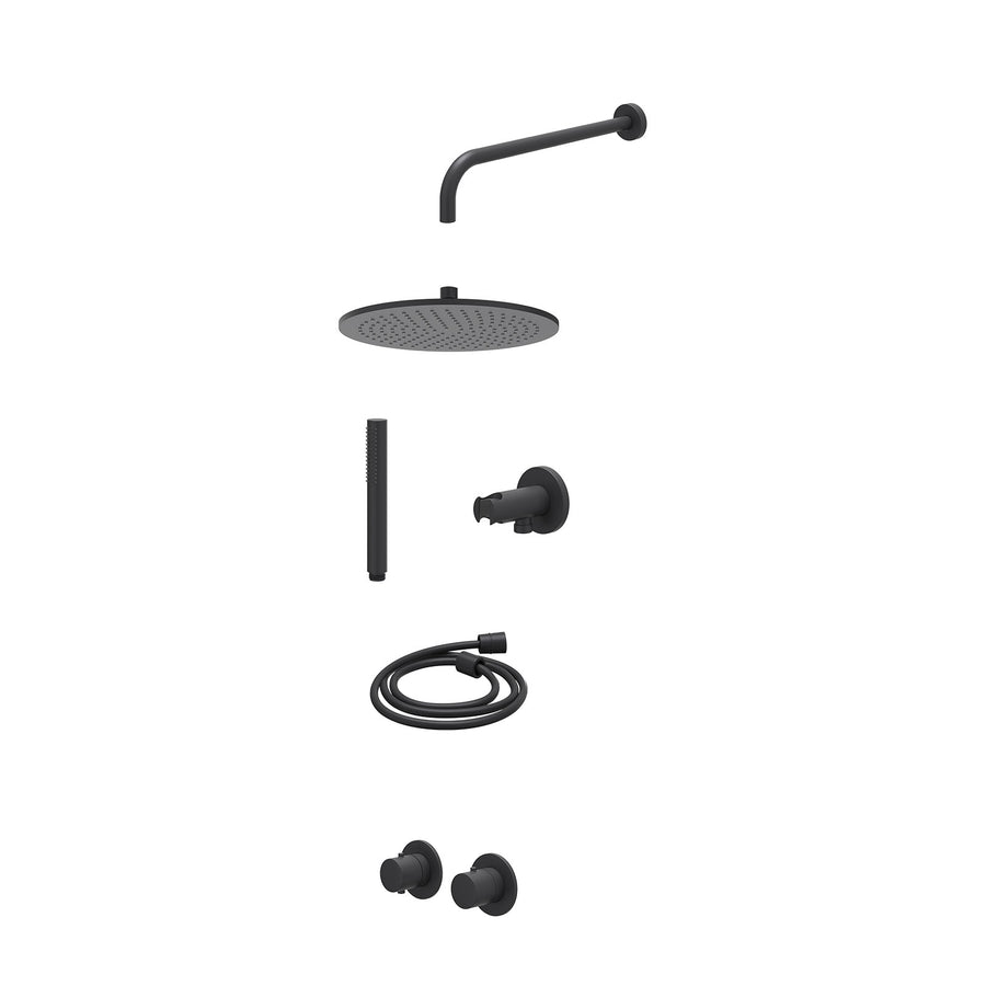 IVY Excl. inbouwbox regendoucheset inbouwthermostaatkraan met 2-weg stop-omstel symmetry, 40cm wandarm, R30cmME, houder met uitlaat, doucheslang 150cm en staafmodel – Mat zwart PED