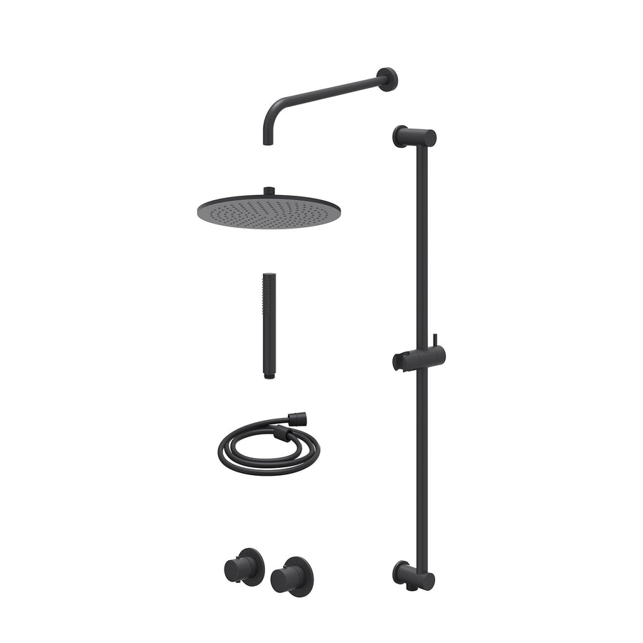 IVY Excl. inbouwbox regendoucheset inbouwthermostaatkraan met 2-weg stop-omstel symmetry, 40cm wandarm, R30cmME, glijstang met uitlaat, doucheslang 150cm en staafmodel – Mat zwart 