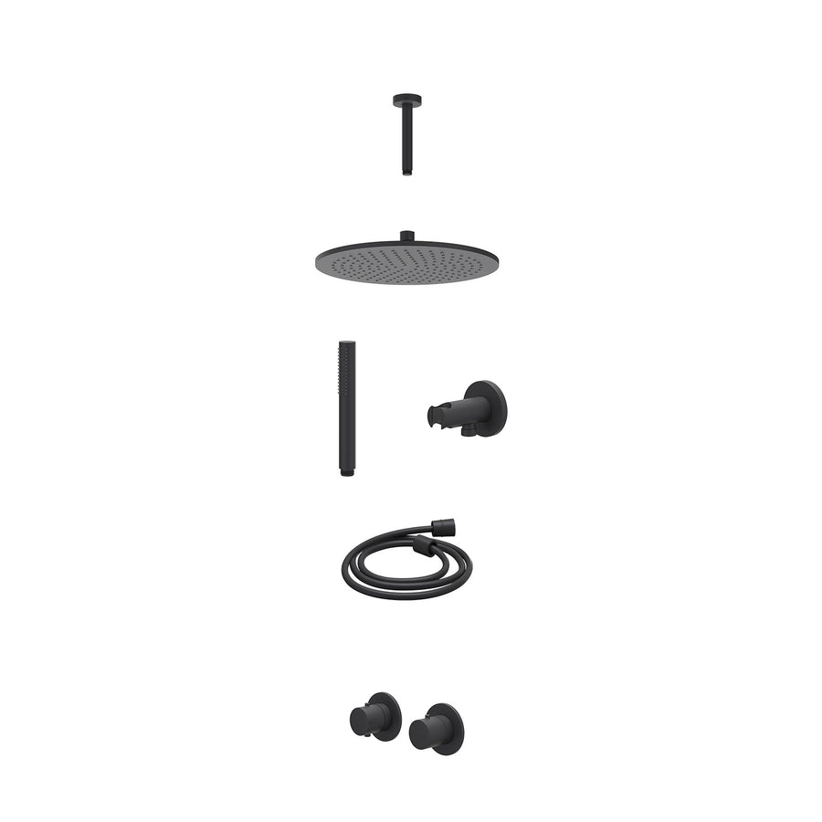 IVY Excl. inbouwbox regendoucheset inbouwthermostaatkraan met 2-weg stop-omstel symmetry, 15cm plafondbuis, R30cmME, houder met uitlaat, doucheslang 150cm en staafmodel – Mat zwart