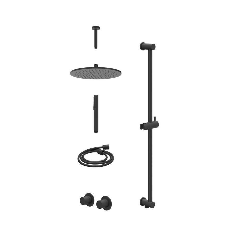 IVY Excl. inbouwbox regendoucheset inbouwthermostaatkraan met 2-weg stop-omstel symmetry, 15cm plafondbuis, R30cmME, glijstang met uitlaat, doucheslang 150cm en staafmodel – Mat zw