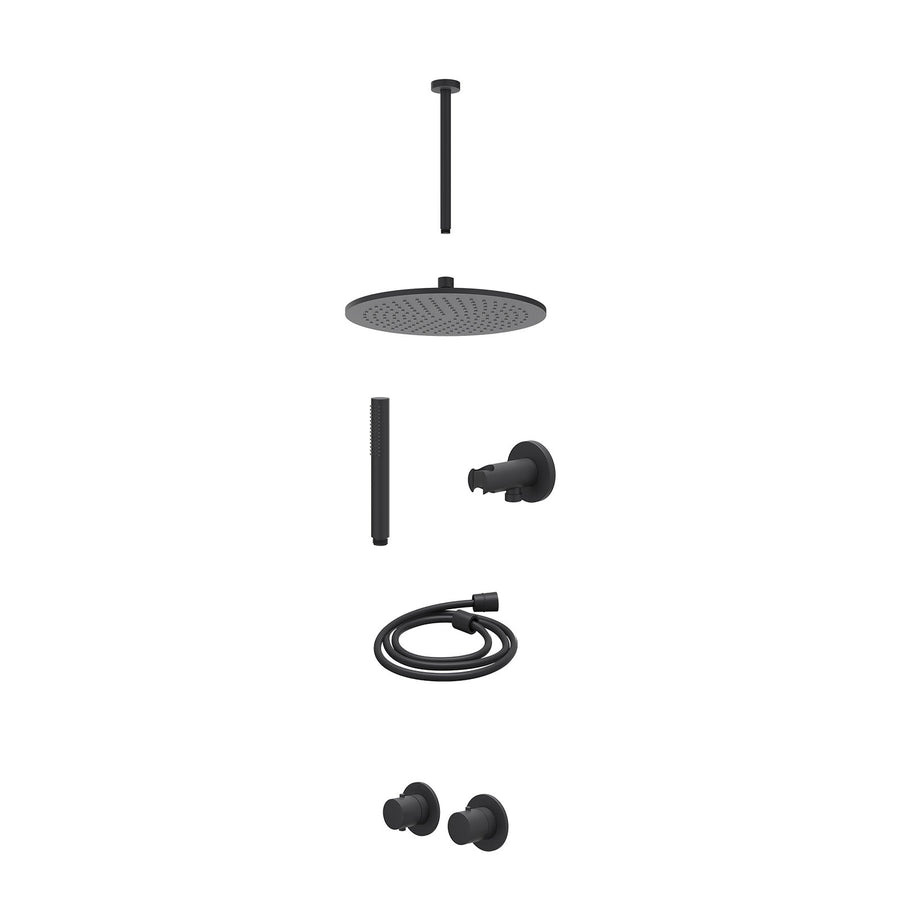 IVY Excl. inbouwbox regendoucheset inbouwthermostaatkraan met 2-weg stop-omstel symmetry, 30cm plafondbuis, R30cmME, houder met uitlaat, doucheslang 150cm en staafmodel – Mat zwart