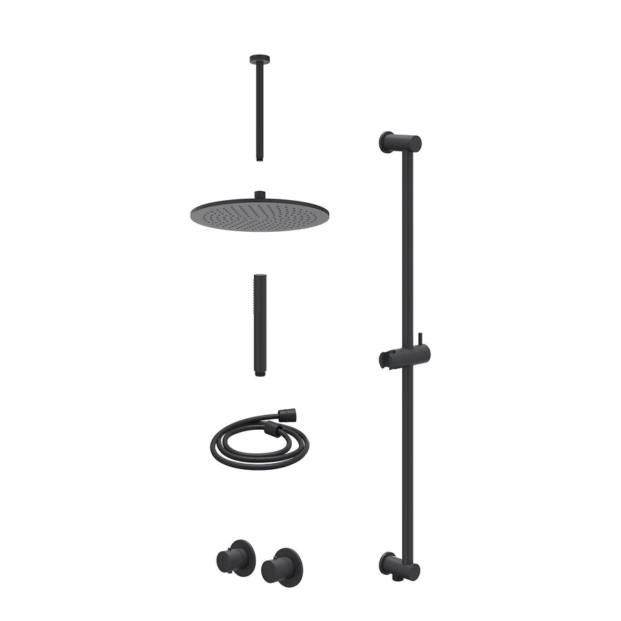 IVY Excl. inbouwbox regendoucheset inbouwthermostaatkraan met 2-weg stop-omstel symmetry, 30cm plafondbuis, R30cmME, glijstang met uitlaat, doucheslang 150cm en staafmodel – Mat zw