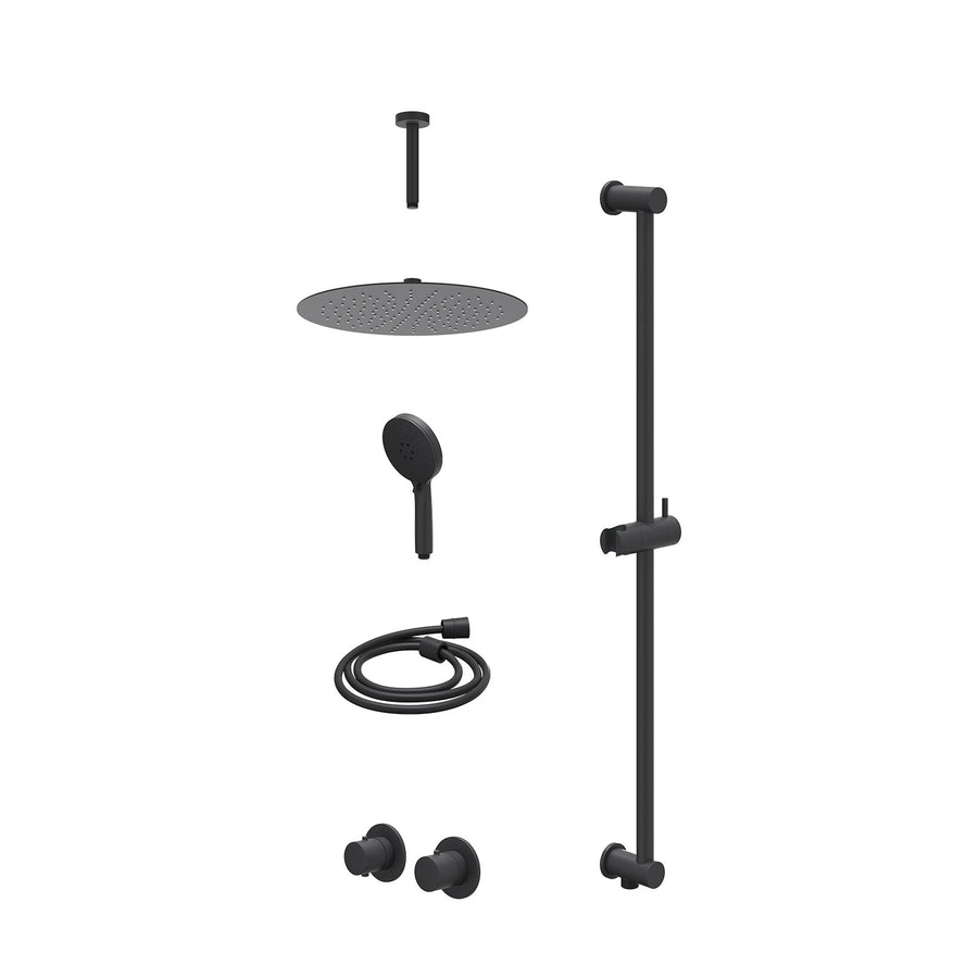 IVY Excl. inbouwbox regendoucheset inbouwthermostaatkraan met 2-weg stop-omstel symmetry, 15cm plafondbuis, R30cmSL, glijstang met uitlaat, doucheslang 150cm en 3-standen handdouch