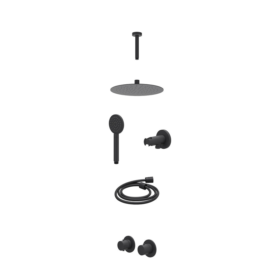 IVY Excl. inbouwbox regendoucheset inbouwthermostaatkraan met 2-weg stop-omstel symmetry, 15cm plafondbuis, R25cmSL, houder met uitlaat, doucheslang 150cm en satin spray handdouche