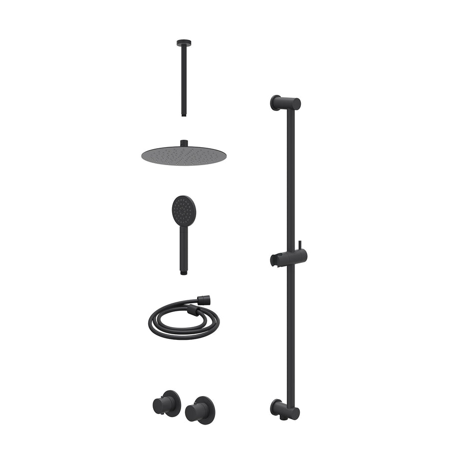 IVY Excl. inbouwbox regendoucheset inbouwthermostaatkraan met 2-weg stop-omstel symmetry, 30cm plafondbuis, R25cmSL, glijstang met uitlaat, doucheslang 150cm en satin spray handdou