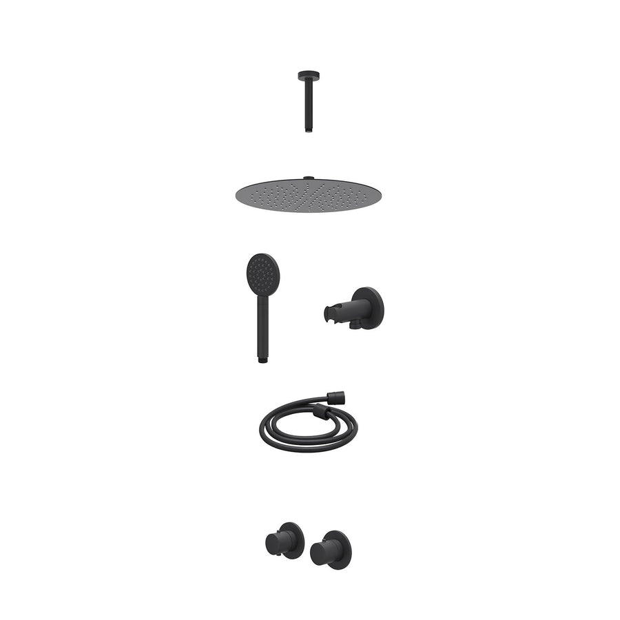 IVY Excl. inbouwbox regendoucheset inbouwthermostaatkraan met 2-weg stop-omstel symmetry, 15cm plafondbuis, R30cmSL, houder met uitlaat, doucheslang 150cm en satin spray handdouche