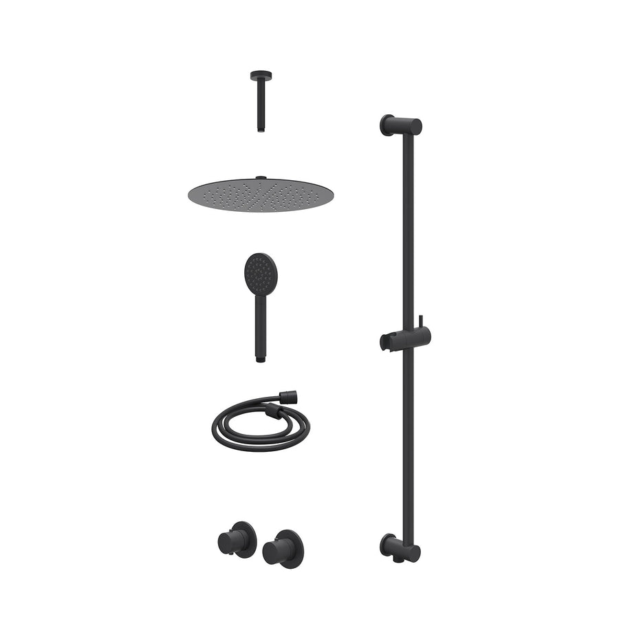 IVY Excl. inbouwbox regendoucheset inbouwthermostaatkraan met 2-weg stop-omstel symmetry, 15cm plafondbuis, R30cmSL, glijstang met uitlaat, doucheslang 150cm en satin spray handdou