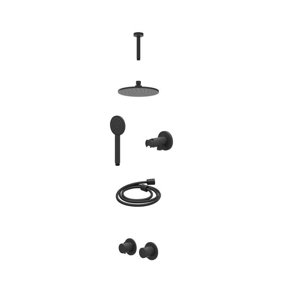 IVY Excl. inbouwbox regendoucheset inbouwthermostaatkraan met 2-weg stop-omstel symmetry, 15cm plafondbuis, R20cmME, houder met uitlaat, doucheslang 150cm en satin spray handdouche