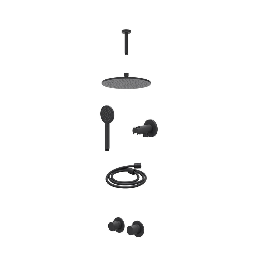 IVY Excl. inbouwbox regendoucheset inbouwthermostaatkraan met 2-weg stop-omstel symmetry, 15cm plafondbuis, R25cmME, houder met uitlaat, doucheslang 150cm en satin spray handdouche