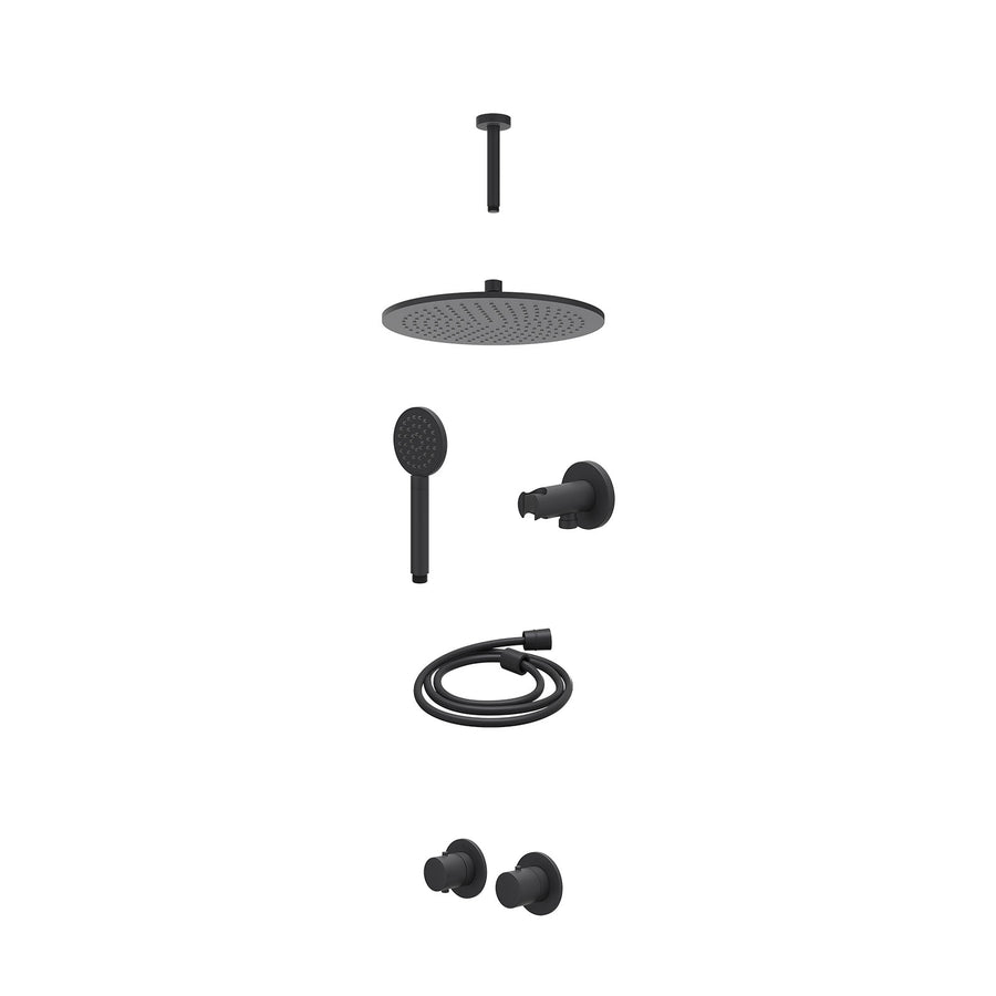 IVY Excl. inbouwbox regendoucheset inbouwthermostaatkraan met 2-weg stop-omstel symmetry, 15cm plafondbuis, R30cmME, houder met uitlaat, doucheslang 150cm en satin spray handdouche