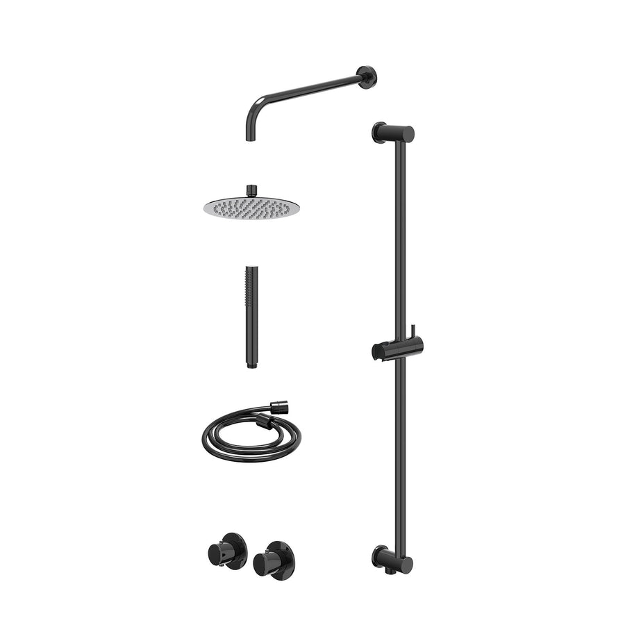 IVY Excl. inbouwbox regendoucheset inbouwthermostaatkraan met 2-weg stop-omstel symmetry, 40cm wandarm, R20cmSL, glijstang met uitlaat, doucheslang 150cm en staafmodel – Zwart chro
