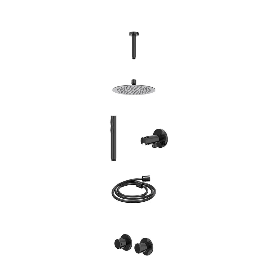 IVY Excl. inbouwbox regendoucheset inbouwthermostaatkraan met 2-weg stop-omstel symmetry, 15cm plafondbuis, R20cmSL, houder met uitlaat, doucheslang 150cm en staafmodel – Zwart chr