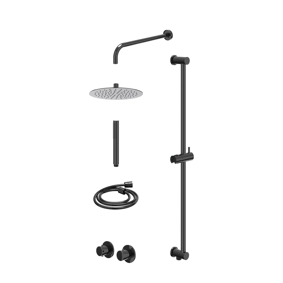 IVY Excl. inbouwbox regendoucheset inbouwthermostaatkraan met 2-weg stop-omstel symmetry, 40cm wandarm, R25cmSL, glijstang met uitlaat, doucheslang 150cm en staafmodel – Zwart chro