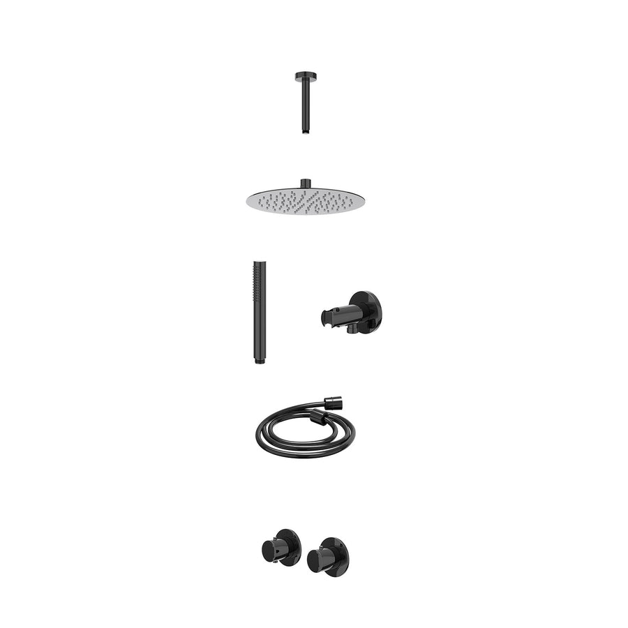 IVY Excl. inbouwbox regendoucheset inbouwthermostaatkraan met 2-weg stop-omstel symmetry, 15cm plafondbuis, R25cmSL, houder met uitlaat, doucheslang 150cm en staafmodel – Zwart chr