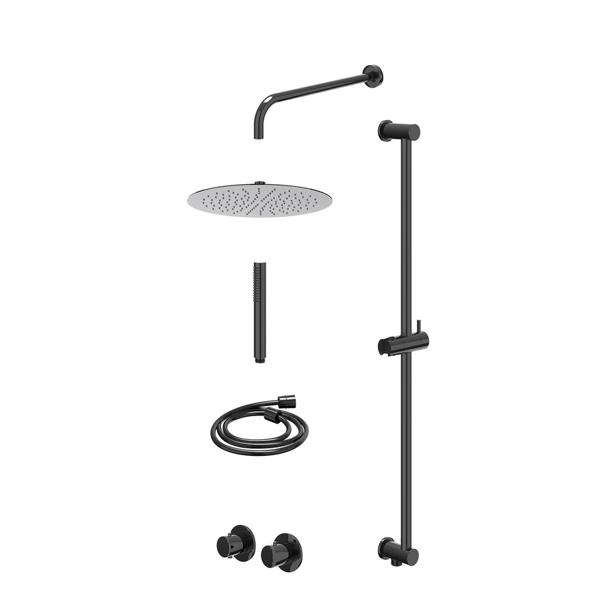 IVY Excl. inbouwbox regendoucheset inbouwthermostaatkraan met 2-weg stop-omstel symmetry, 40cm wandarm, R30cmSL, glijstang met uitlaat, doucheslang 150cm en staafmodel – Zwart chro